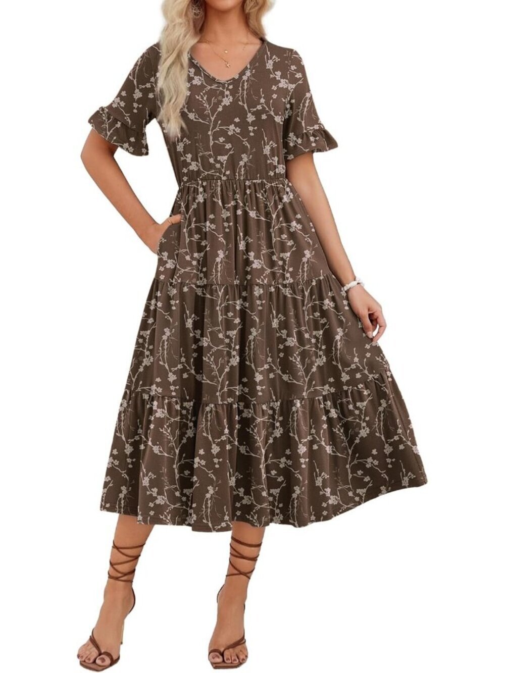 Zeagoo Women's Brown Floral Tiered Casual  V Neck Ruffle Short Midi Maxi Dress